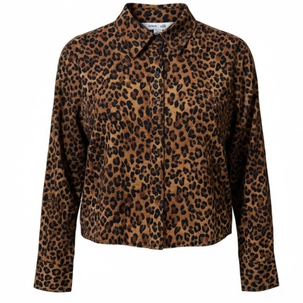 OLD NAVY The Cropped Shirt leopard print button up long sleeve 100% cotton XSP